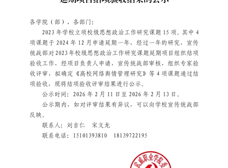 關(guān)于學(xué)校2023年度思想政治工作研究課題延期項(xiàng)目結(jié)項(xiàng)驗(yàn)收結(jié)果的公示